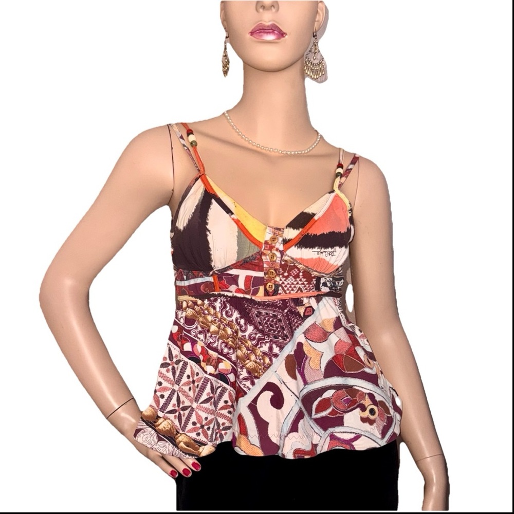 Just Cavalli Spaghetti Beaded Double Strap Cami Peplum Blouse L/M